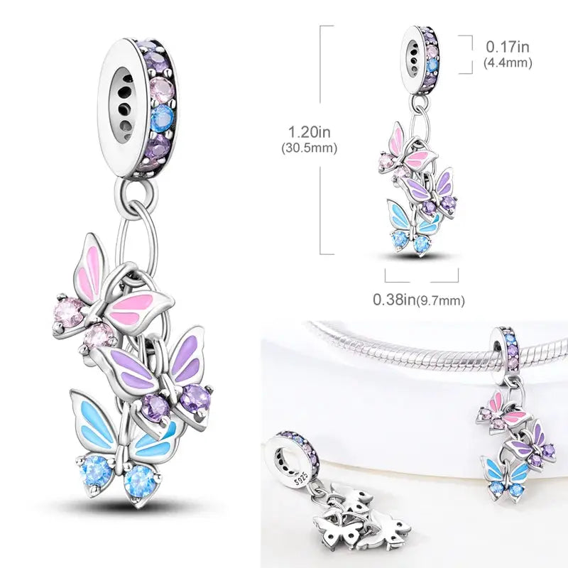 925 Sterling Silver Charms Bead Pink Butterfly Luminous Firefly Dangle Fit Bangle Bracelet Necklace DIY Jewelry