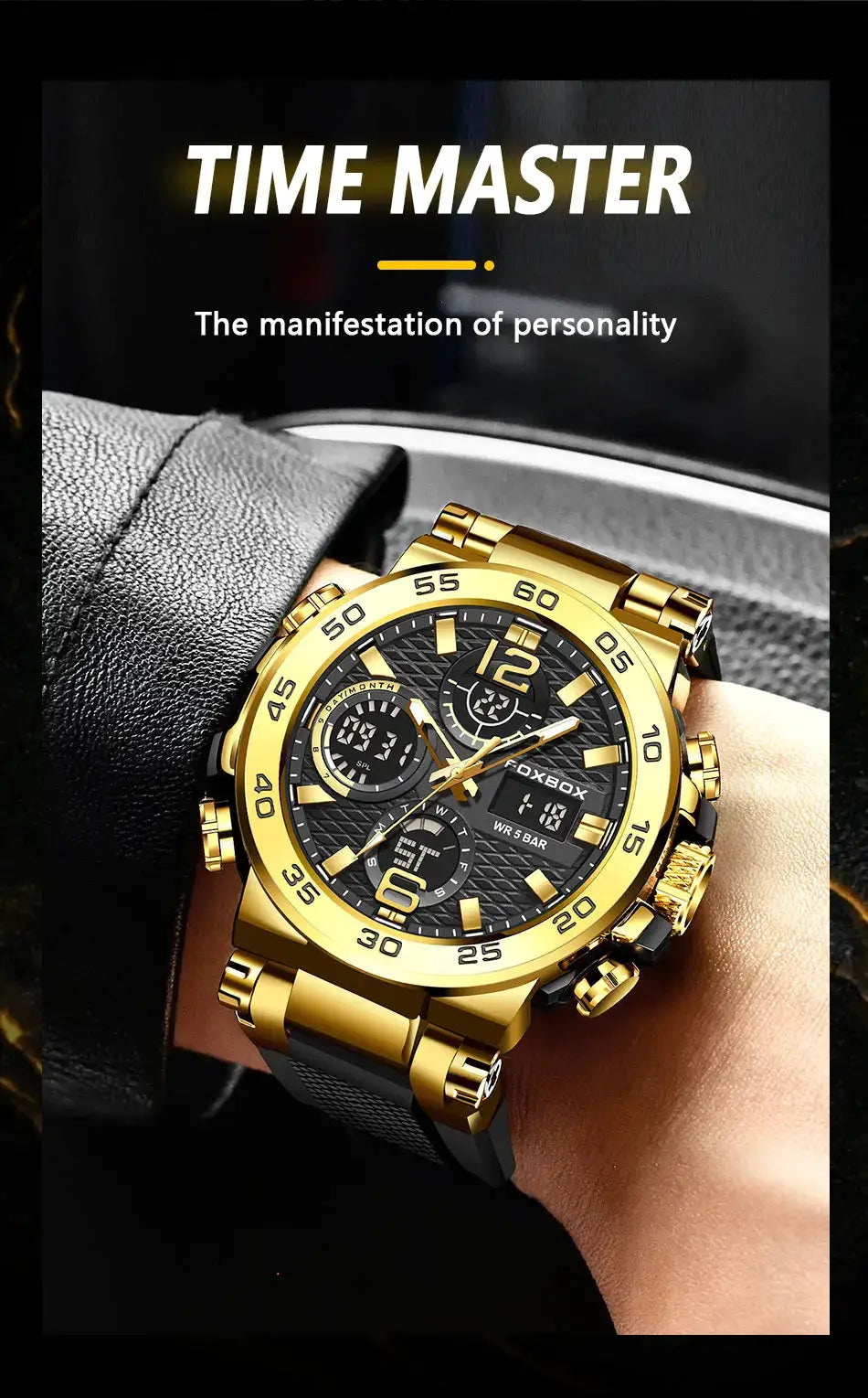 FOXBOX sport men's gold-tone digital-analog chronograph watch with black dial, big dial, waterproof and luminous hands