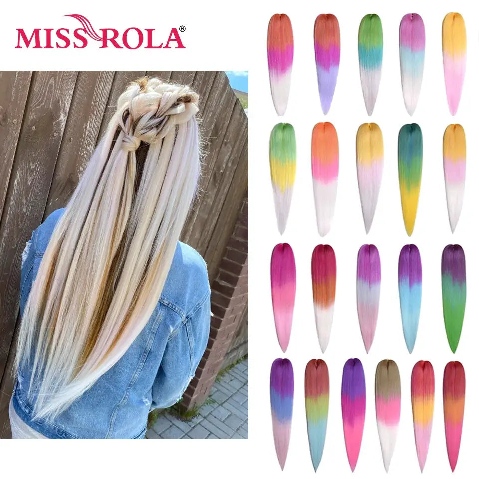 Miss Rola synthetic 30-inch Kanekalon braid extensions; multicolor ombre samples and model with braided crown