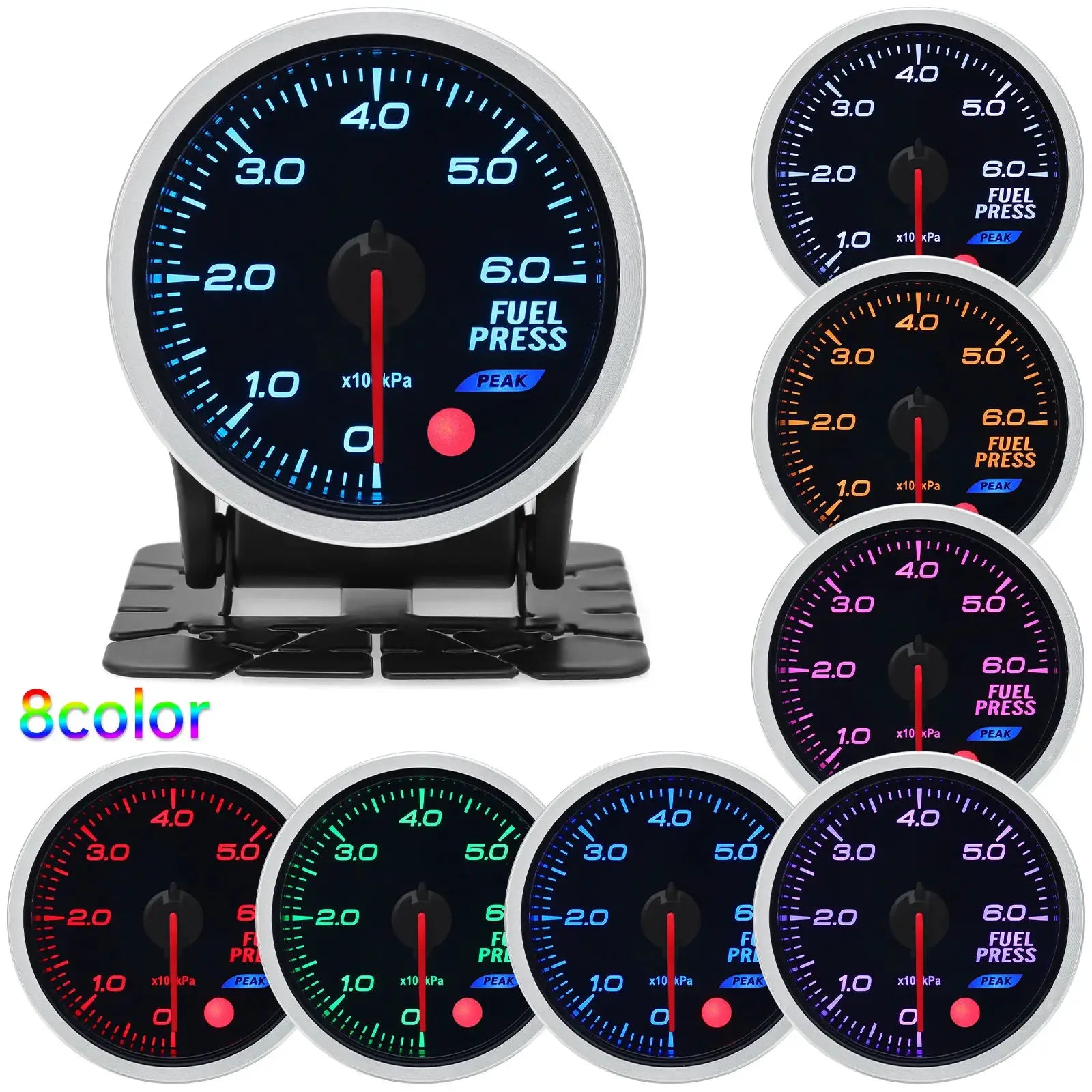 52mm universal auto gauge with 8 color options for oil pressure, water temp, oil temp, EGT, exhaust temp, turbo boost and tachometer