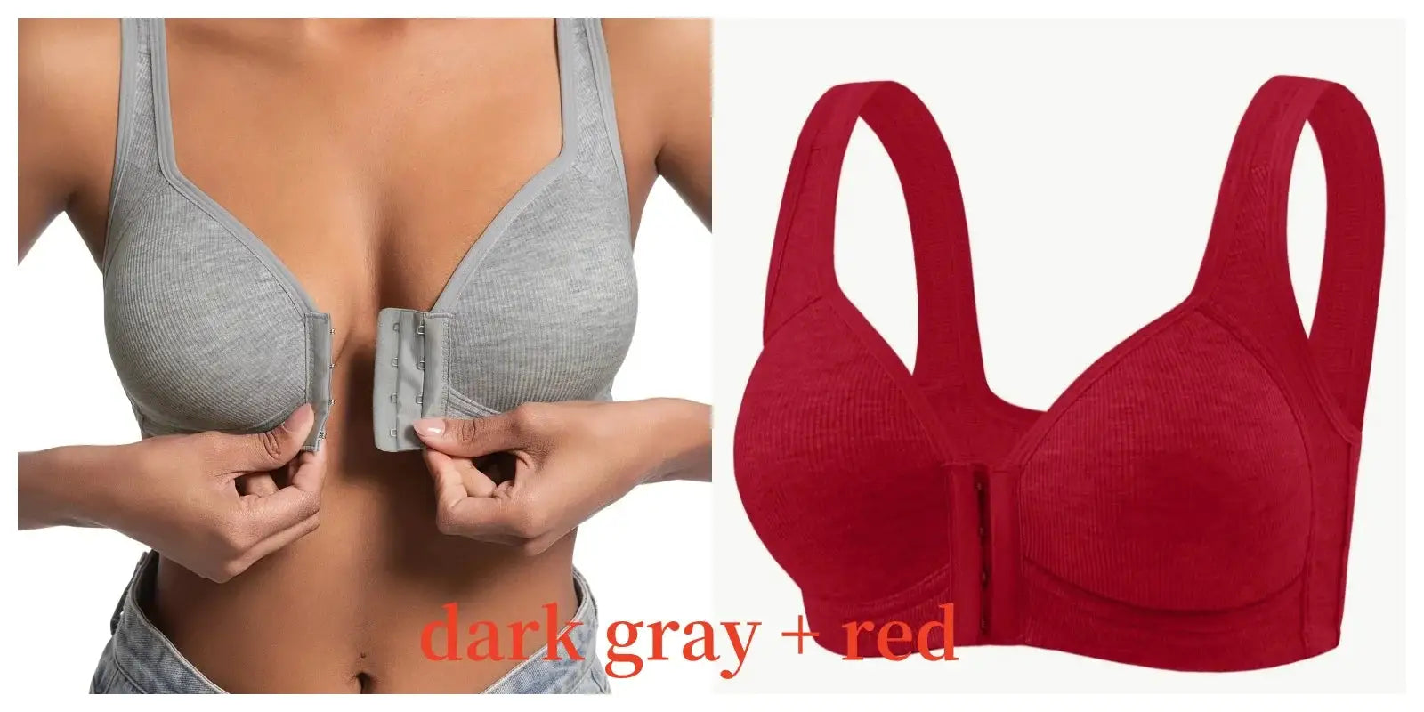 Women's wire-free front-closure bra in two solid colors, dark gray and red, full-coverage cups.