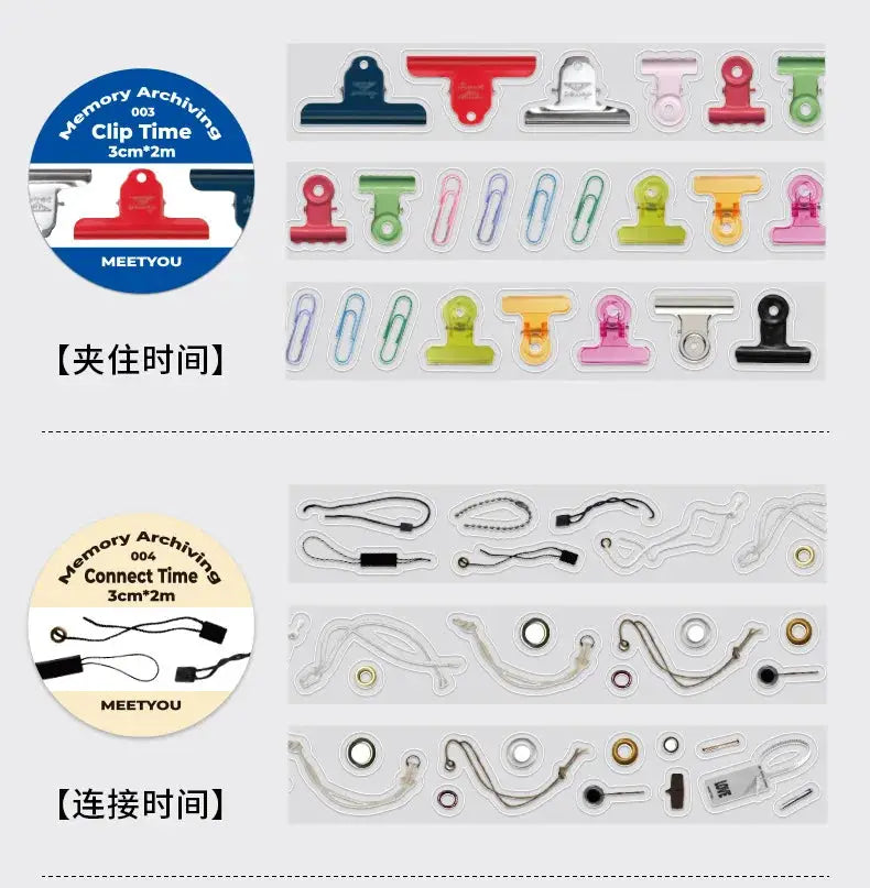 Decorative adhesive tapes set by Simples Market; colorful clips and scrapbooking stickers for memory journaling