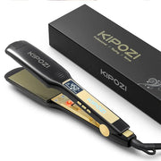 KIPOZI professional titanium flat iron with digital LCD display, dual voltage, black with gold accents.