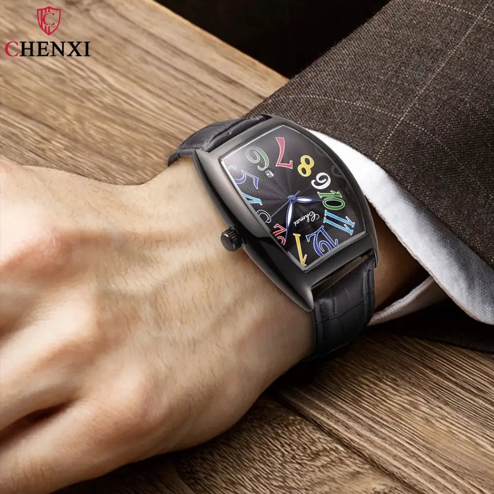 CHENXI men's quartz wristwatch with curved glass, black leather strap and multicolored luminous numerals