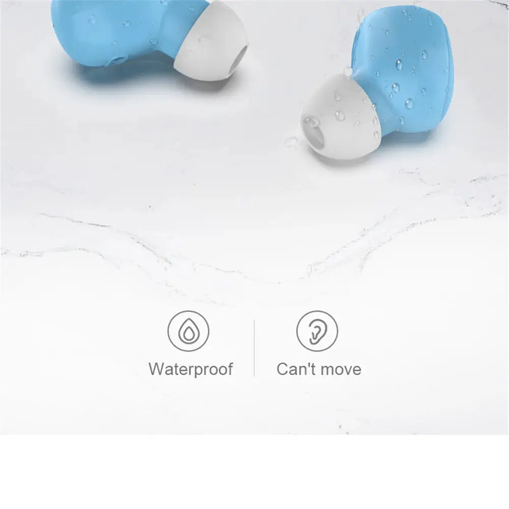 A6S wireless Bluetooth earphones, blue in-ear earbuds with white silicone tips, waterproof