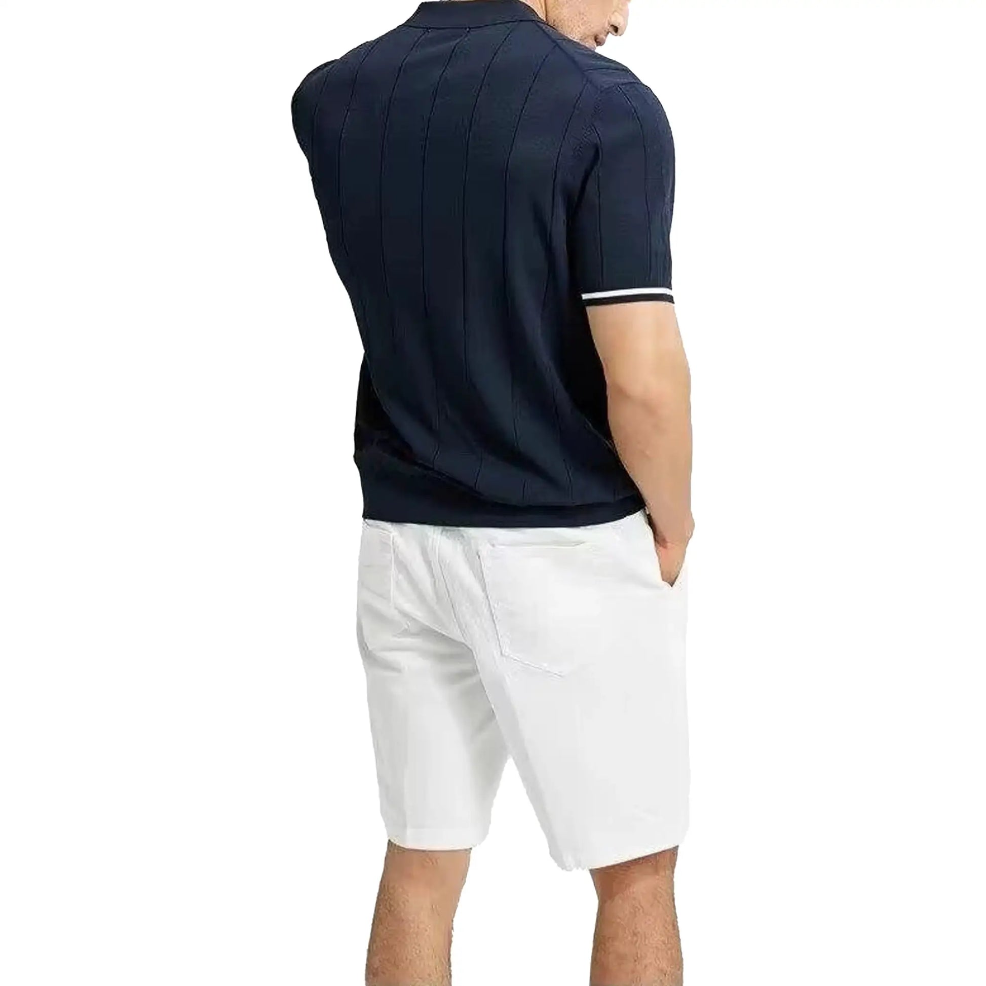 Men's navy vertical striped knit polo shirt with half-zip collar and short sleeves
