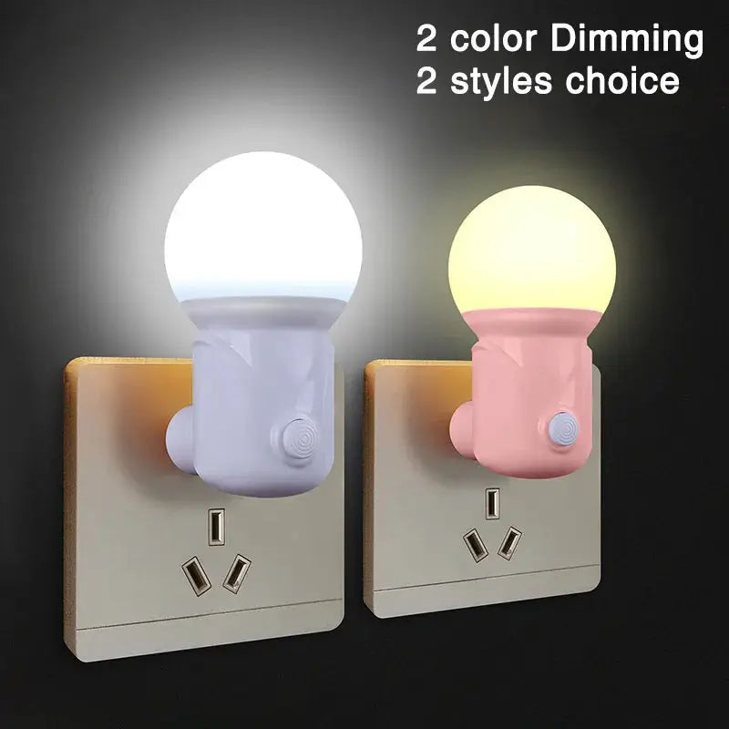 Two-pack LED night lights with EU/US plug; pastel lavender and pink bases, 2-color dimmable white and warm-yellow bulbs.