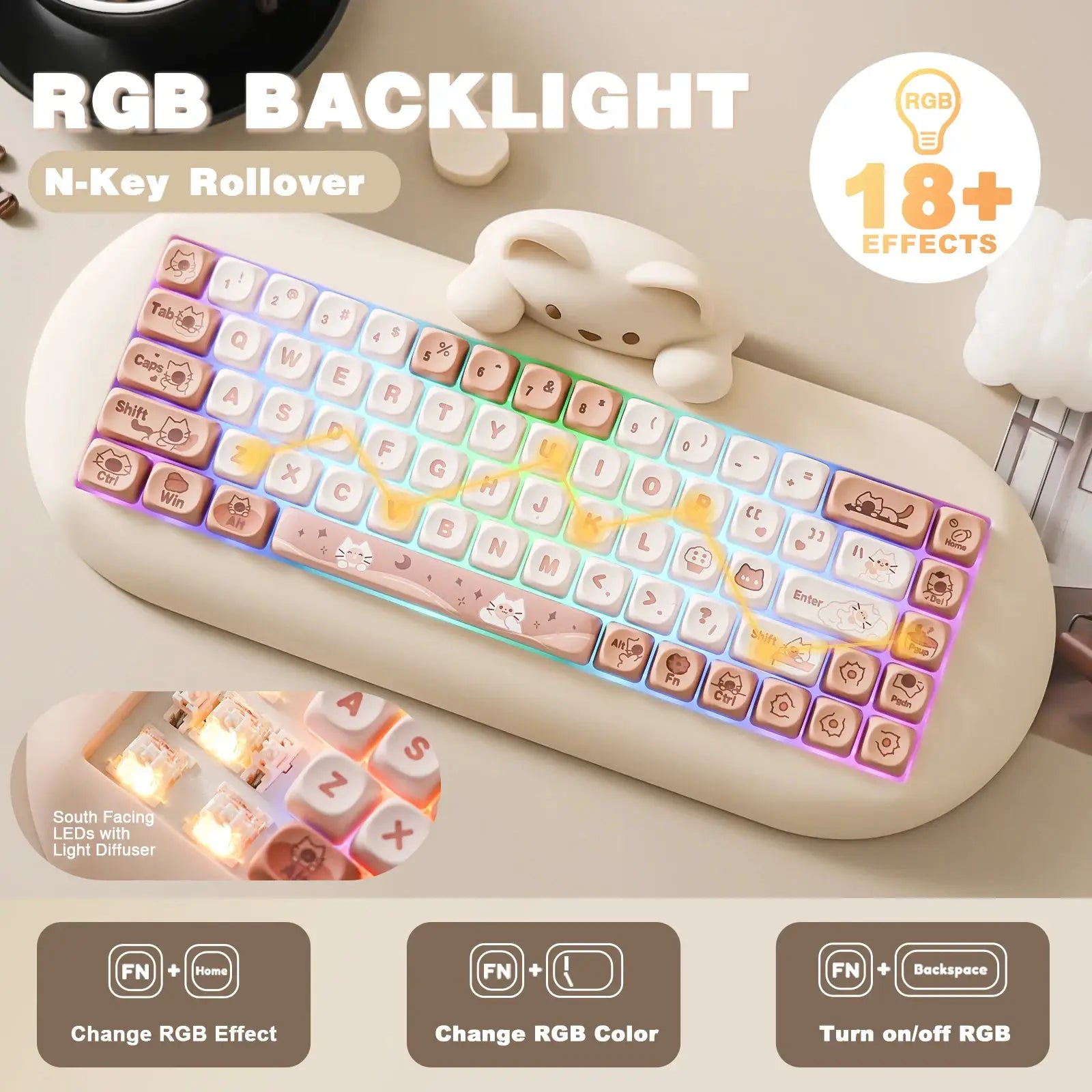 YUNZII C68 wireless gaming keyboard with pink cat-themed silicone keycaps, 65% layout, RGB backlighting
