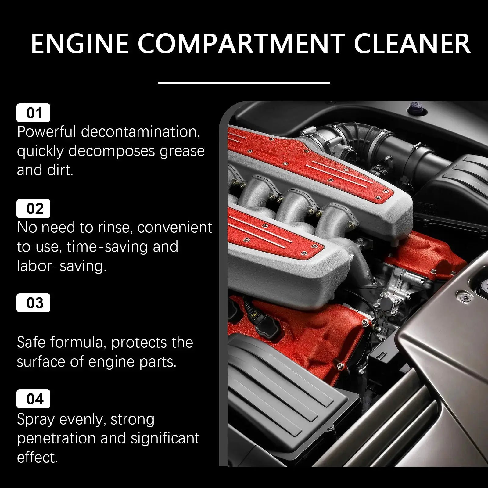 Hydroshine Engine Bay Cleaner by Simples Market; black layout with engine bay photo and 01–04 usage steps