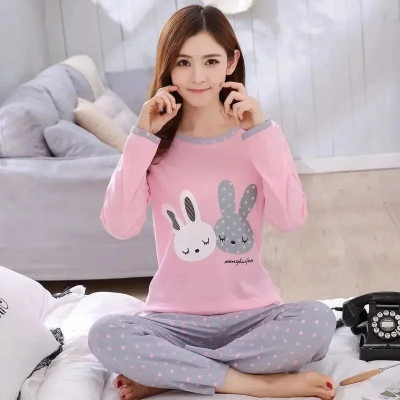 LunaNest Autumn Two Piece Pajama Set For Women Lightweight Breathable Sleepwear With Teacup Animal Pattern