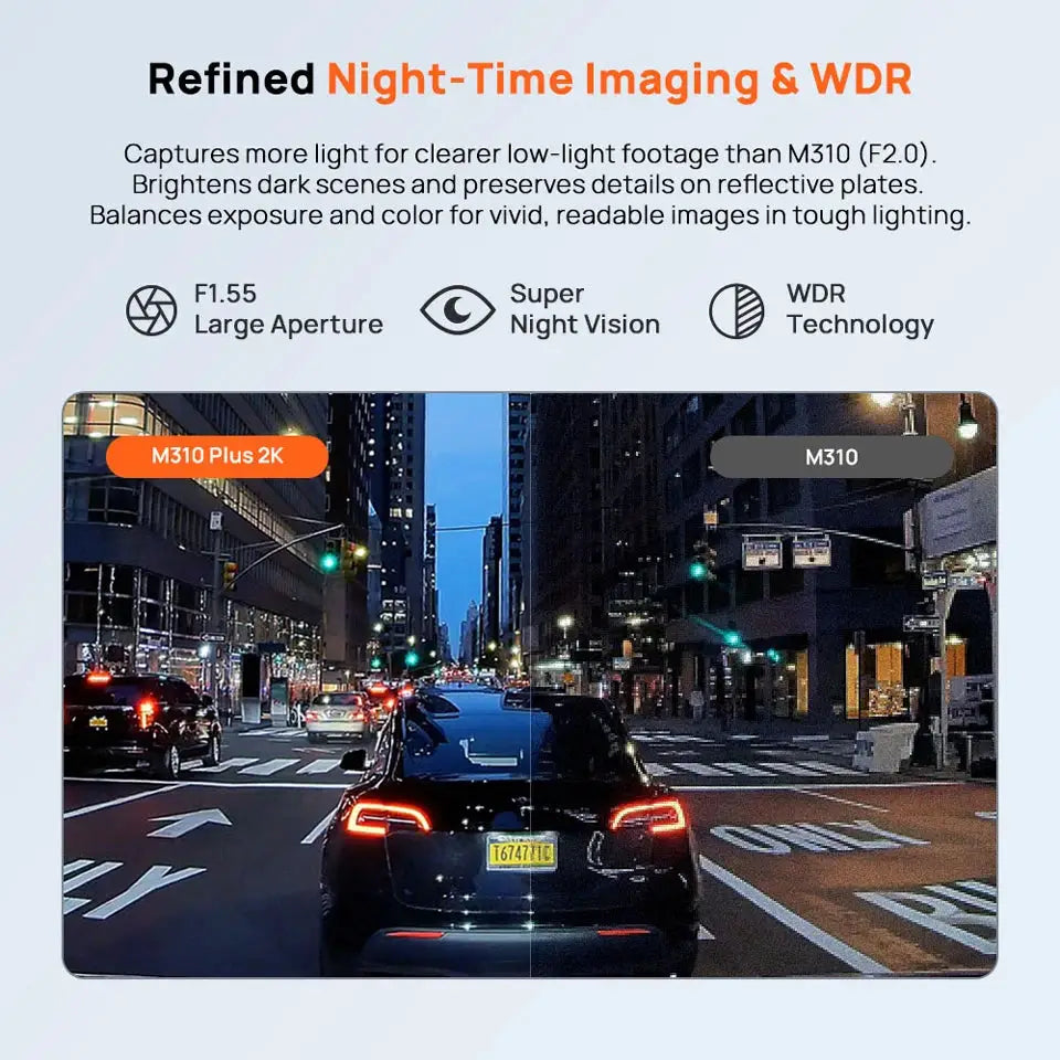 70mai Dash Cam M310 Plus 2K car DVR on a night-city street, split-screen comparison with M310.