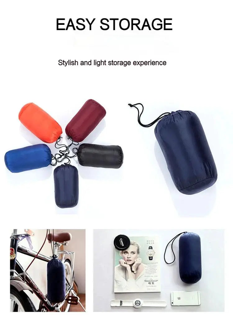 Six compact drawstring storage pouches in assorted colors with a larger navy bag for travel and cycling gear