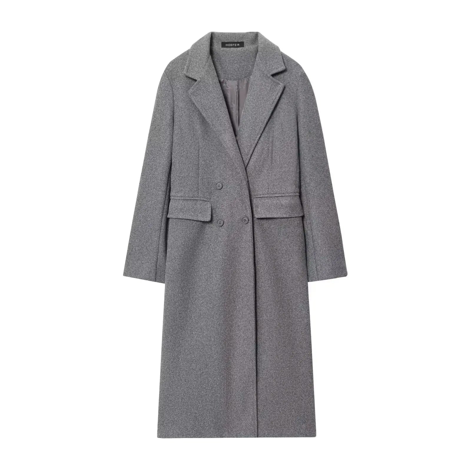 HH Women Burgundy Coat Double Breasted Long Sleeve Lapel Blended Outerwear for Autumn and Winter