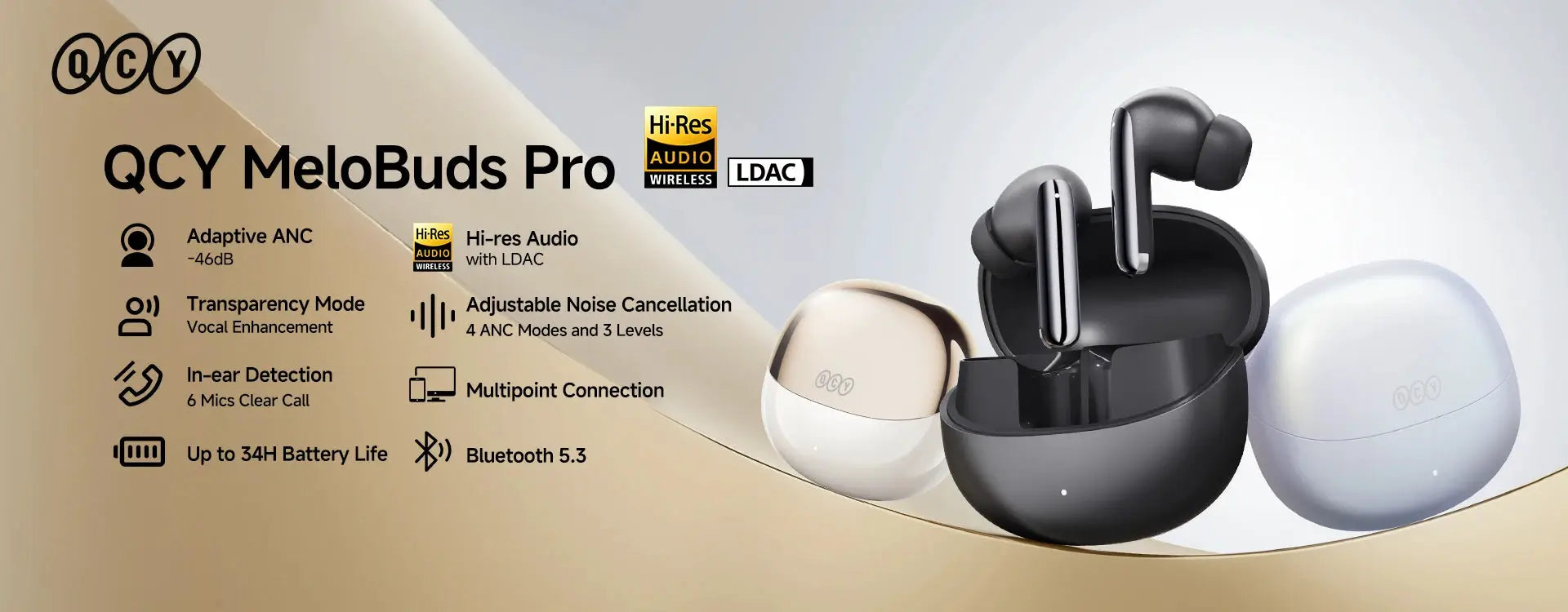 QCY MeloBuds Pro ANC wireless earbuds with charging case in black, gold, and lavender variants