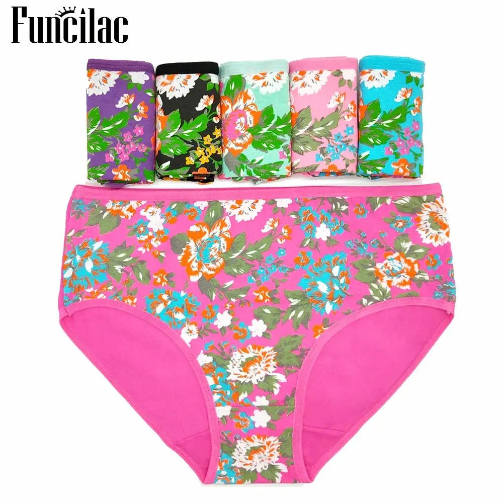 Women's cotton briefs set by Funclac; pink floral print, mid-rise, 6-piece assorted colors