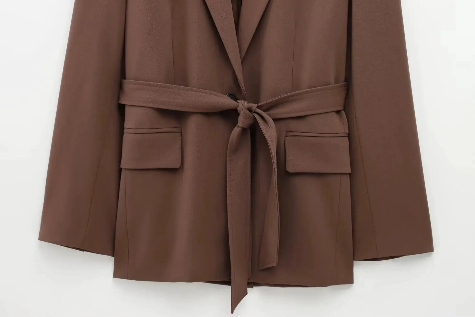 KONDALA brown belted blazer with waist sash and front flap pockets, part of a women's suit set