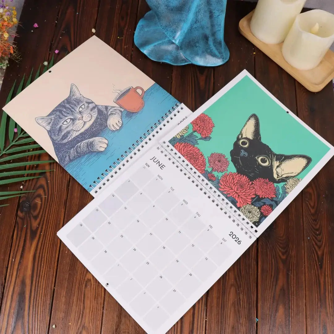 Three colorful cat-art wall calendars, 12-month 2026, handmade calendar set for office or study.
