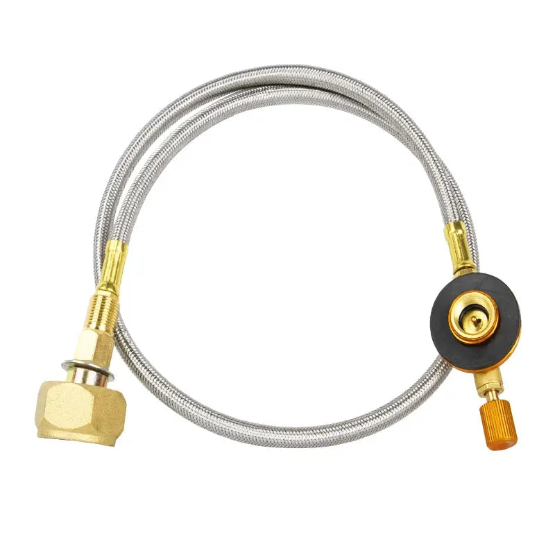 Camping gas refill adapter with braided stainless steel hose and brass fittings with orange knob