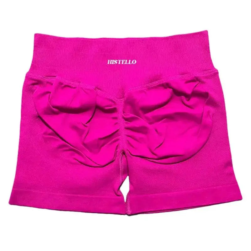 HISTELLO pink low-waist seamless sports shorts with scrunch back, breathable elastic fitness wear for running