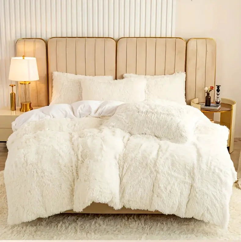3-Piece Plush Duvet Cover Set by Simples Market in white fluffy fabric on beige upholstered bed