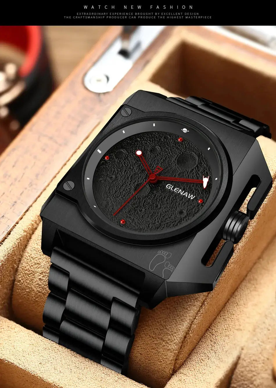 Glenaw men's stainless steel mechanical watch with black moon-textured dial, red hands, and metal bracelet.