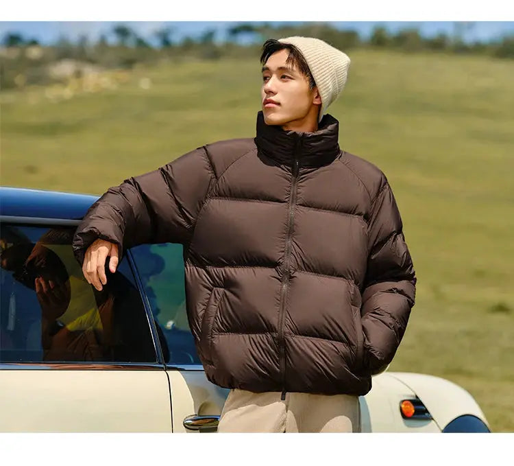 Semir brown down jacket, unisex short puffer coat with quilted panels.