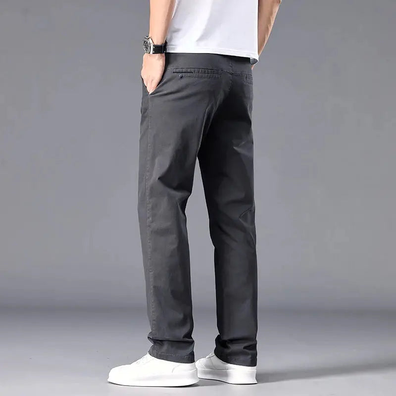 Men's straight-fit casual chinos with stretch; dark gray workwear pants