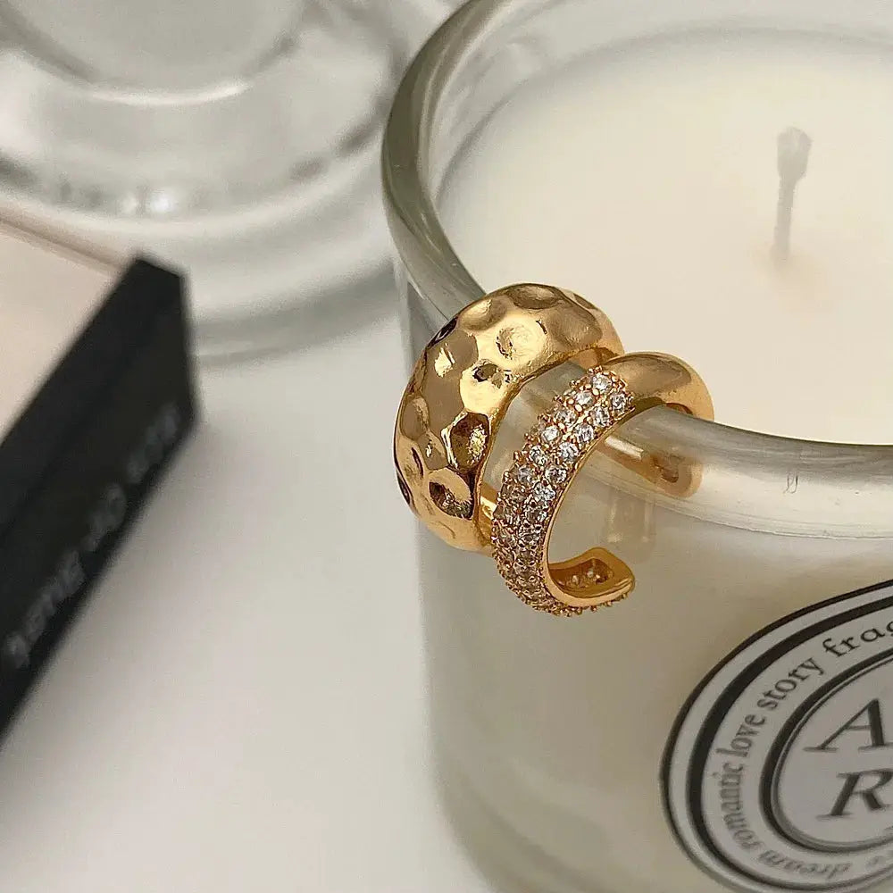 Gold-tone ear cuffs with pavé rhinestones; double-layer metal design, 2-pc set by Simples Market