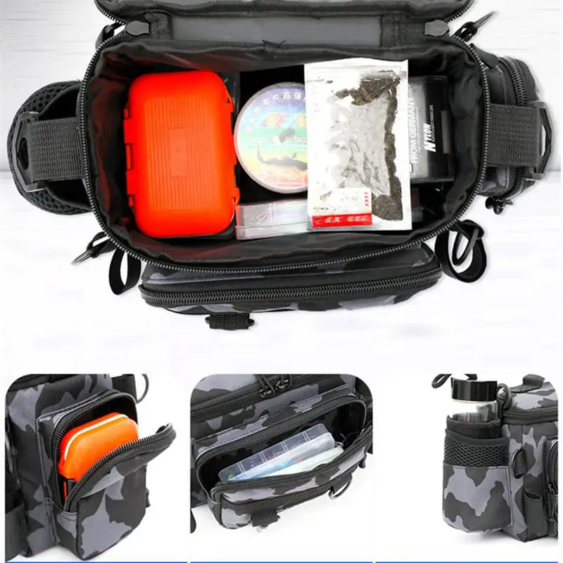 Black Fishing Tackle Shoulder Bag Storage Waist Bag with Fishing Rod Holder Outdoor Sports Bag - Simples Market