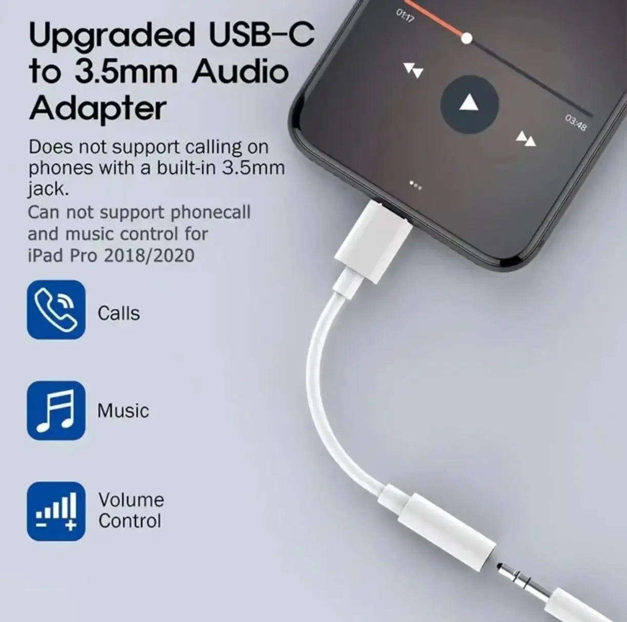 Type-C to 3.5mm audio adapter, white USB-C headphone dongle by Simples Market