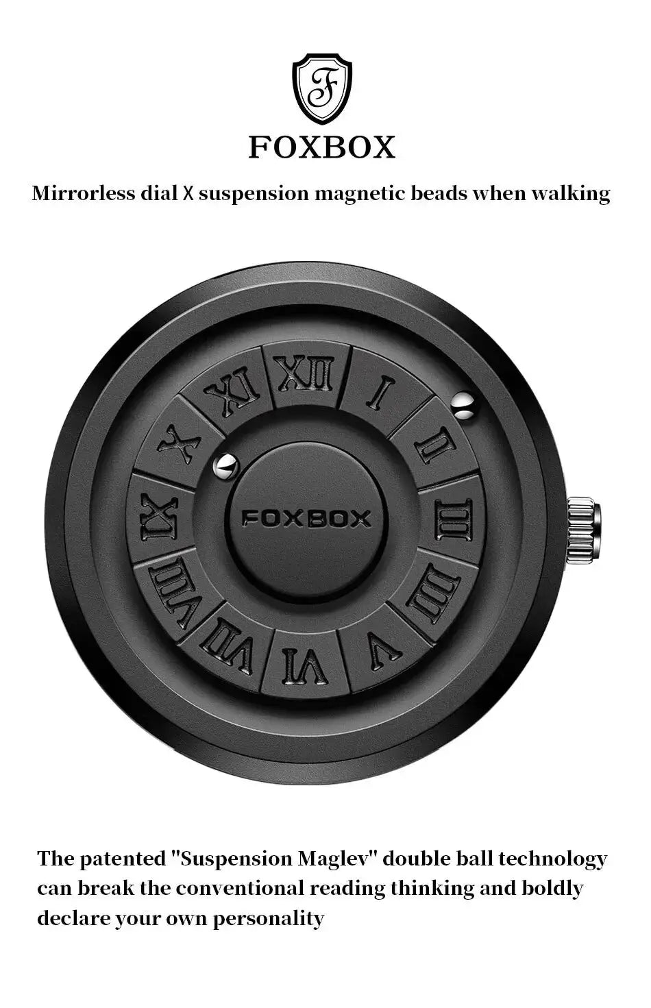 FOXBOX watch by Simples Market; black round dial with Roman numerals and central FOXBOX logo.