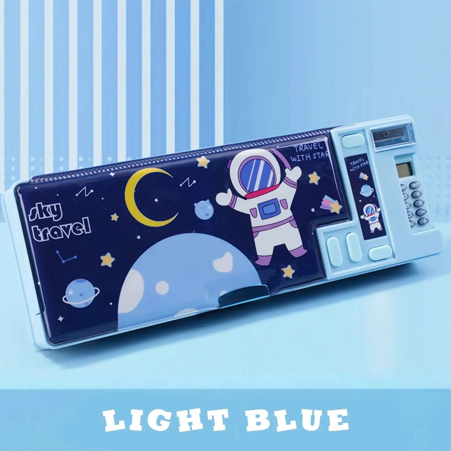Simples Market kids multifunctional pencil case with built-in calculator in a light blue space-themed design