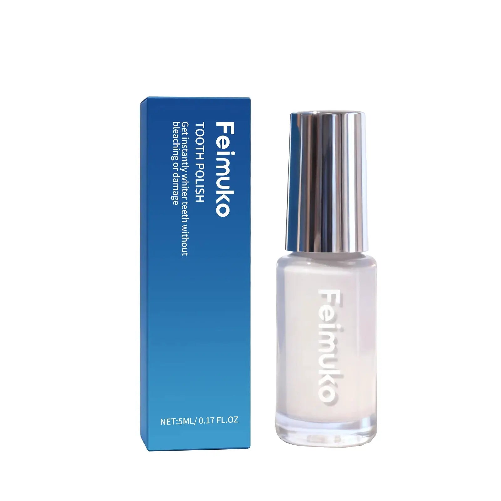 Tooth polish bottle by Feinuko beside blue gradient box, 5 ml.