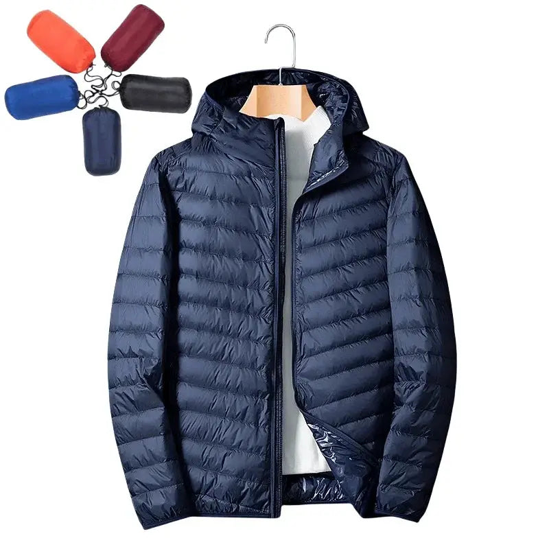 Navy blue hooded down jacket; ultralight, windproof, on a hanger with five colorful pouches.