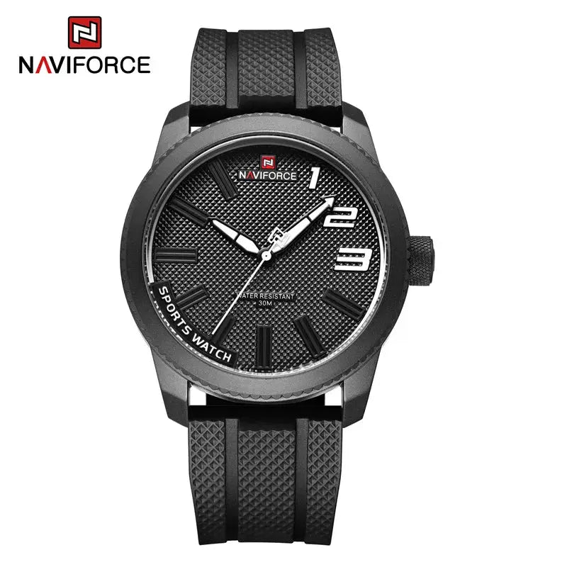 NAVIFORCE men's sports watch with black silicone strap and textured dial, 30M water resistant
