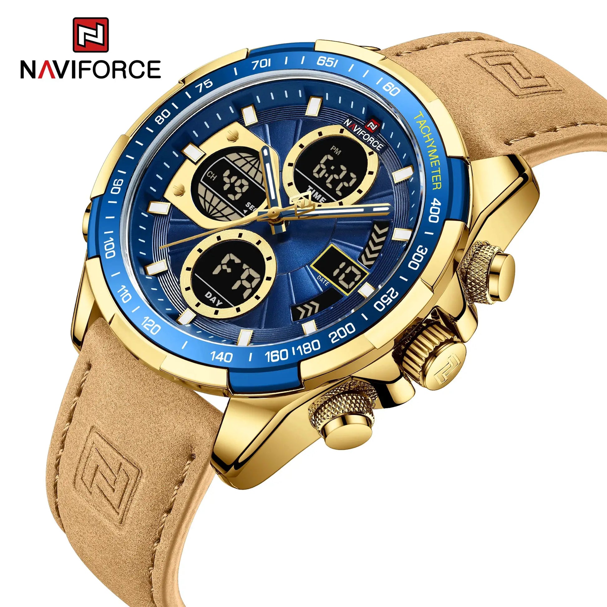 Naviforce men's sport watch with blue bezel, gold case, dual-display, tan leather strap
