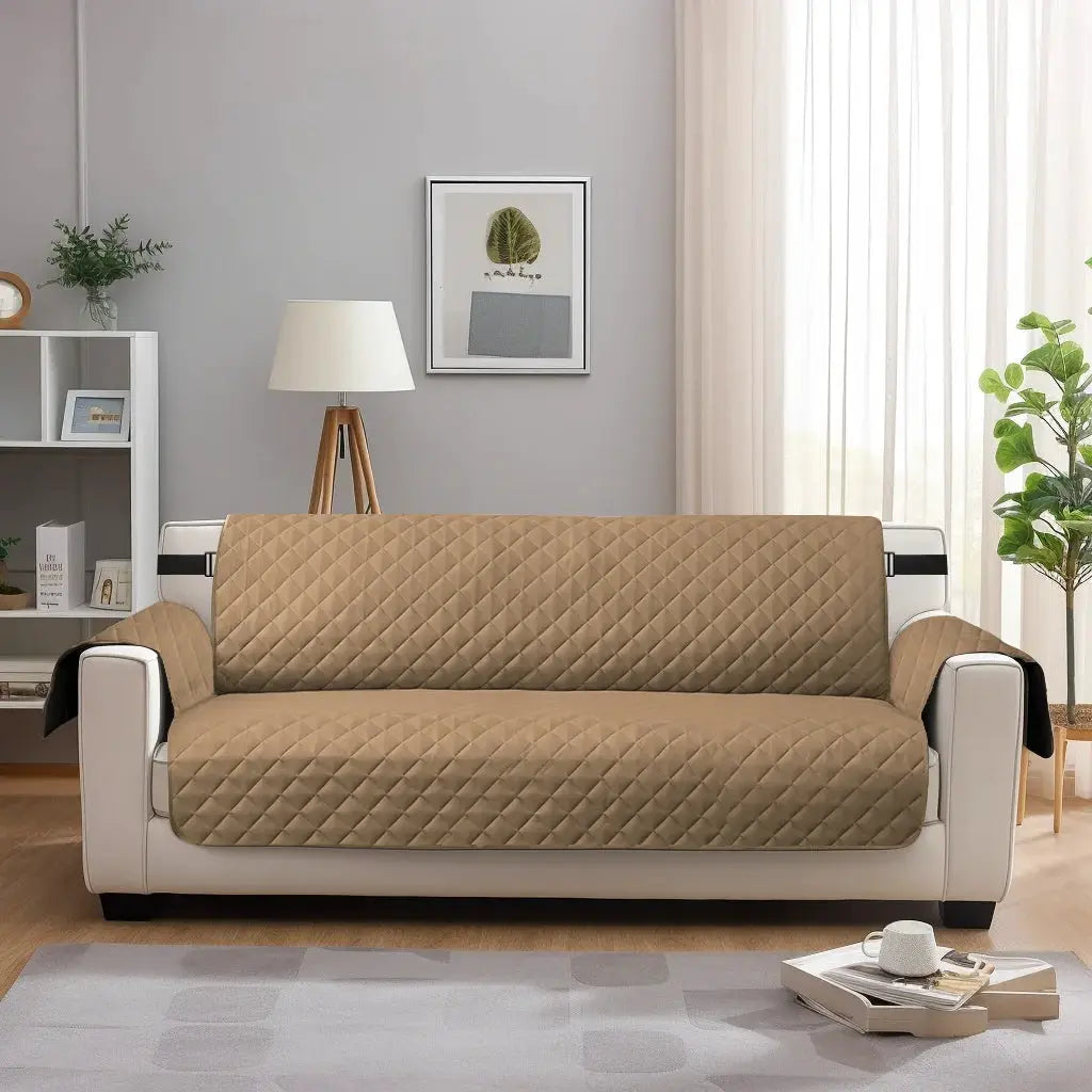 Sofa cover quilted beige for 3-seat sofa with elastic strap