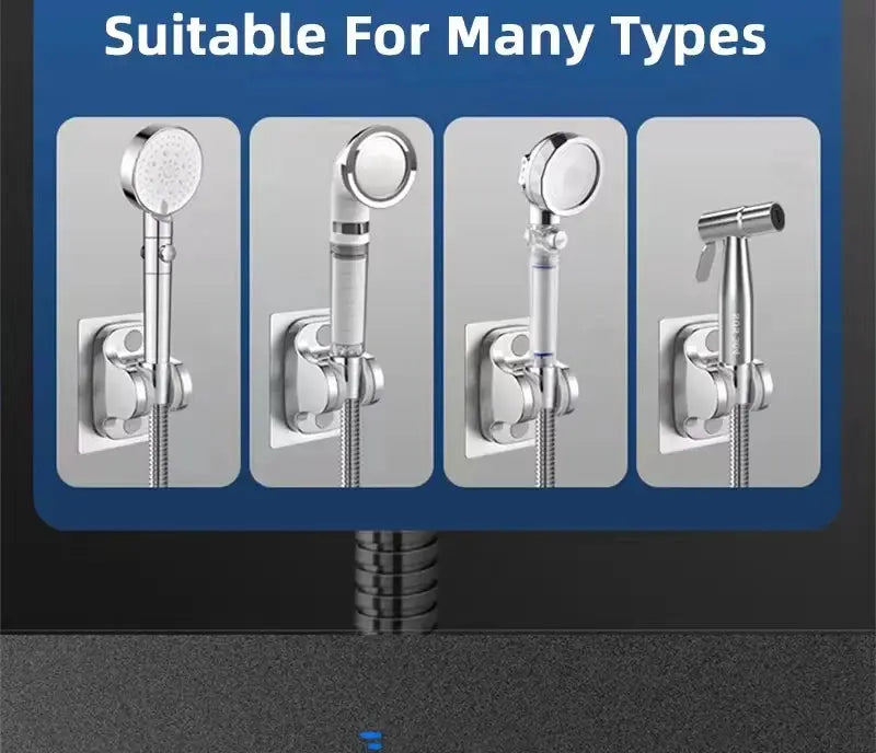Universal chrome shower head holder with suction cup, wall-mounted, 360° adjustable for four compatible head styles