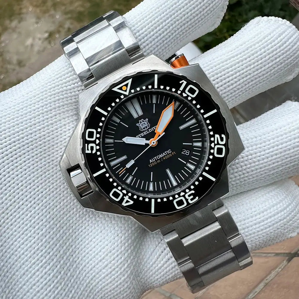 Steeldive dive watch with black dial, orange hands, and stainless steel bracelet; 1200m water resistance, automatic movement