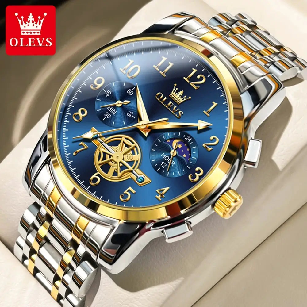OLEVS men's stainless steel two-tone bracelet moon phase skeleton watch with blue dial