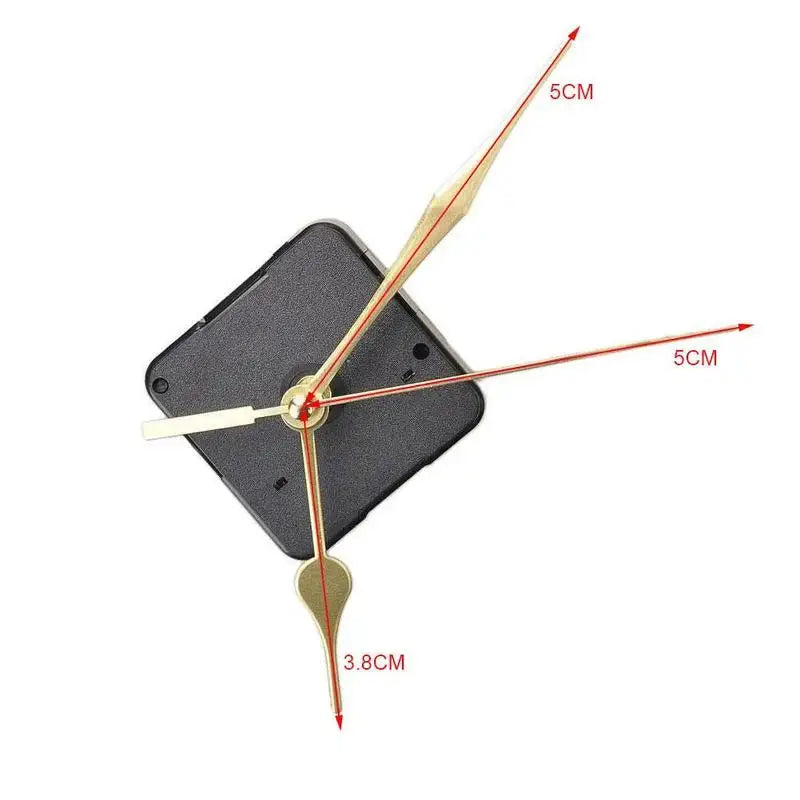 Clock mechanism with silent quartz movement and gold-tone hands on a black square housing; 5 cm and 3.8 cm lengths