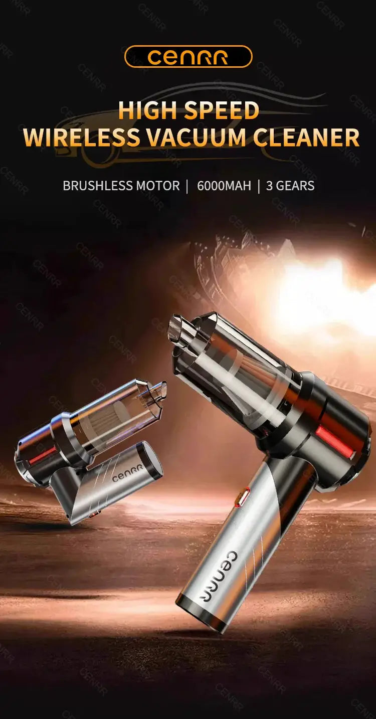 CENRR cordless car vacuum cleaner handheld with silver body and 2 attachments