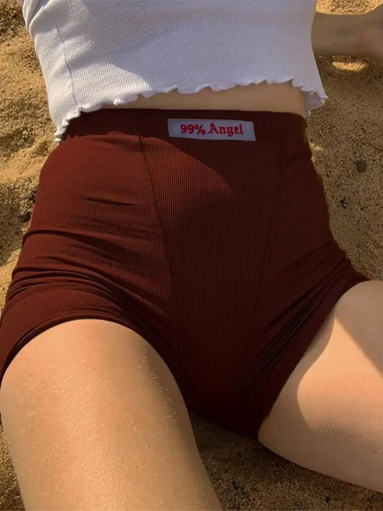 Burgundy ribbed knit biker shorts, high-waist, with 99% Angel logo on waistband