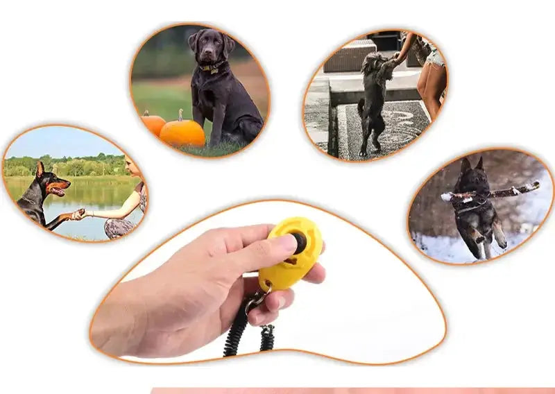 Simples Market adjustable dog training clicker with yellow button, wrist strap and keychain; five lifestyle scenes