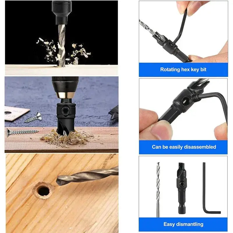 5 Piece Woodworking Taper Hex Shank Countersunk Drill Bit Set For Flush Screw Heads