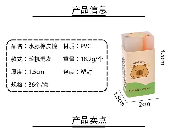 Capybara sandwich eraser by Simples Market, PVC cartoon eraser in cute capybara packaging