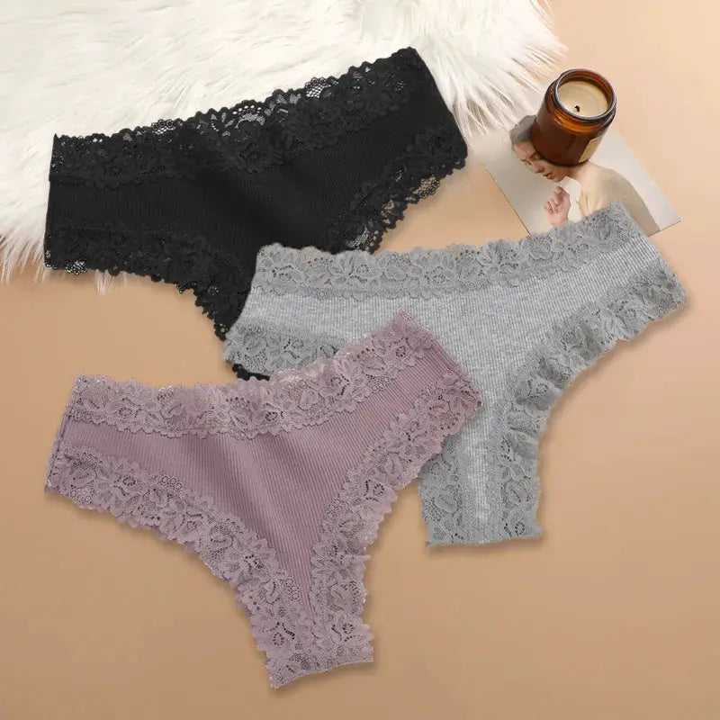 3-piece women's cotton lace panties set in black, gray, and lavender with floral lace trim