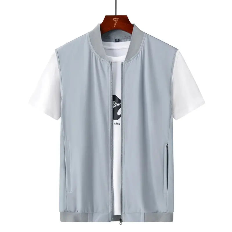 Simples Market men's mesh breathable vest, light gray sleeveless zip-front with side pockets over white tee