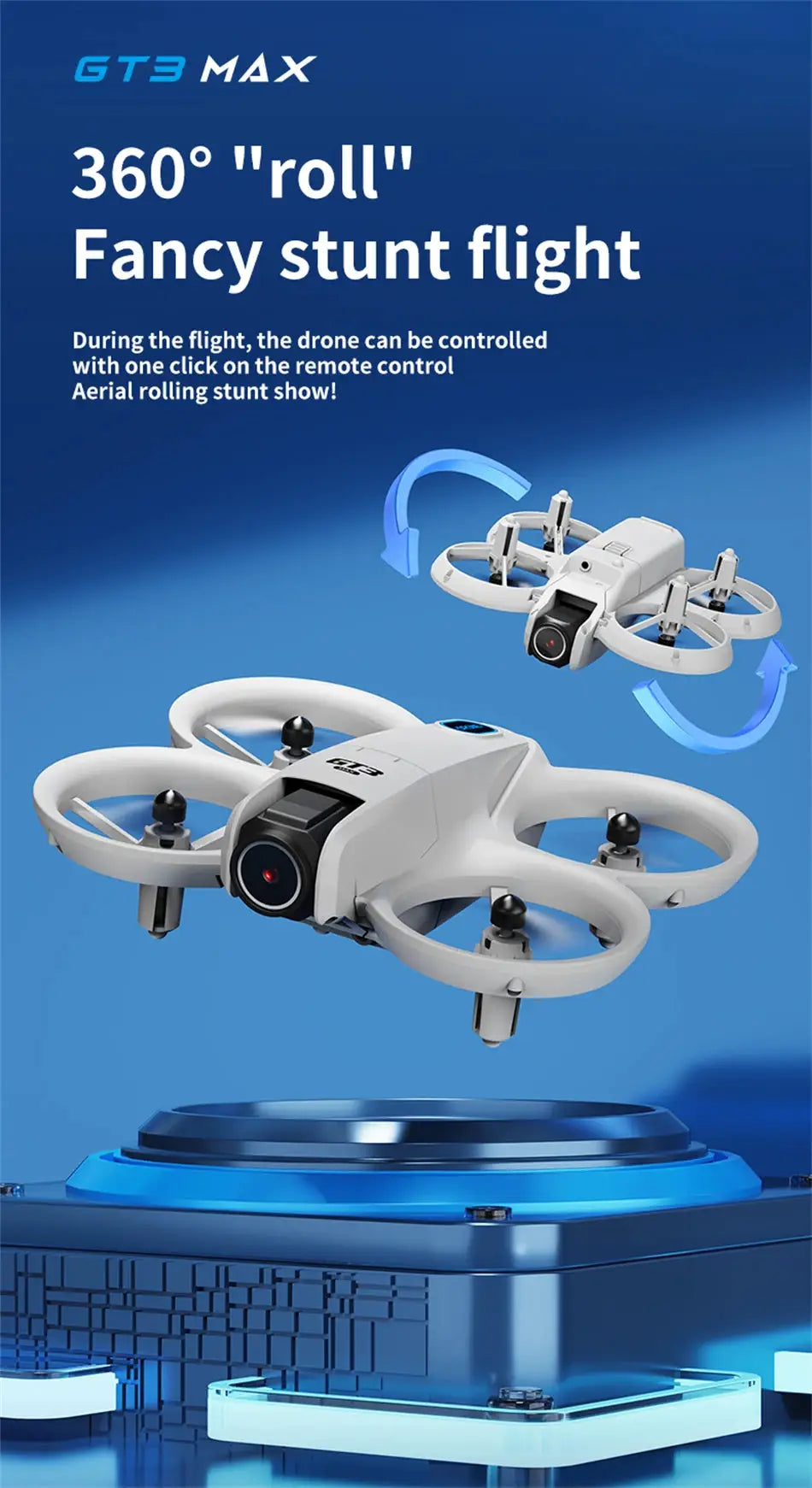 GT3 Max drone; two white quadcopters with circular propeller guards on a blue display.