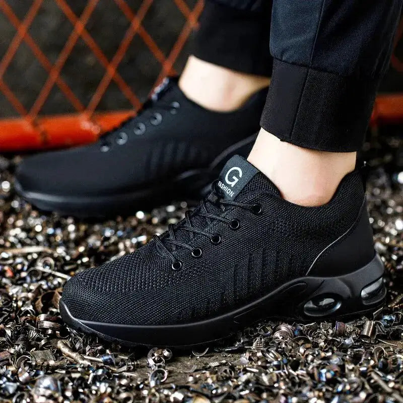 Air-cushion work safety shoes, Simples Market, black knit upper anti-puncture steel-toe sneakers for men and women
